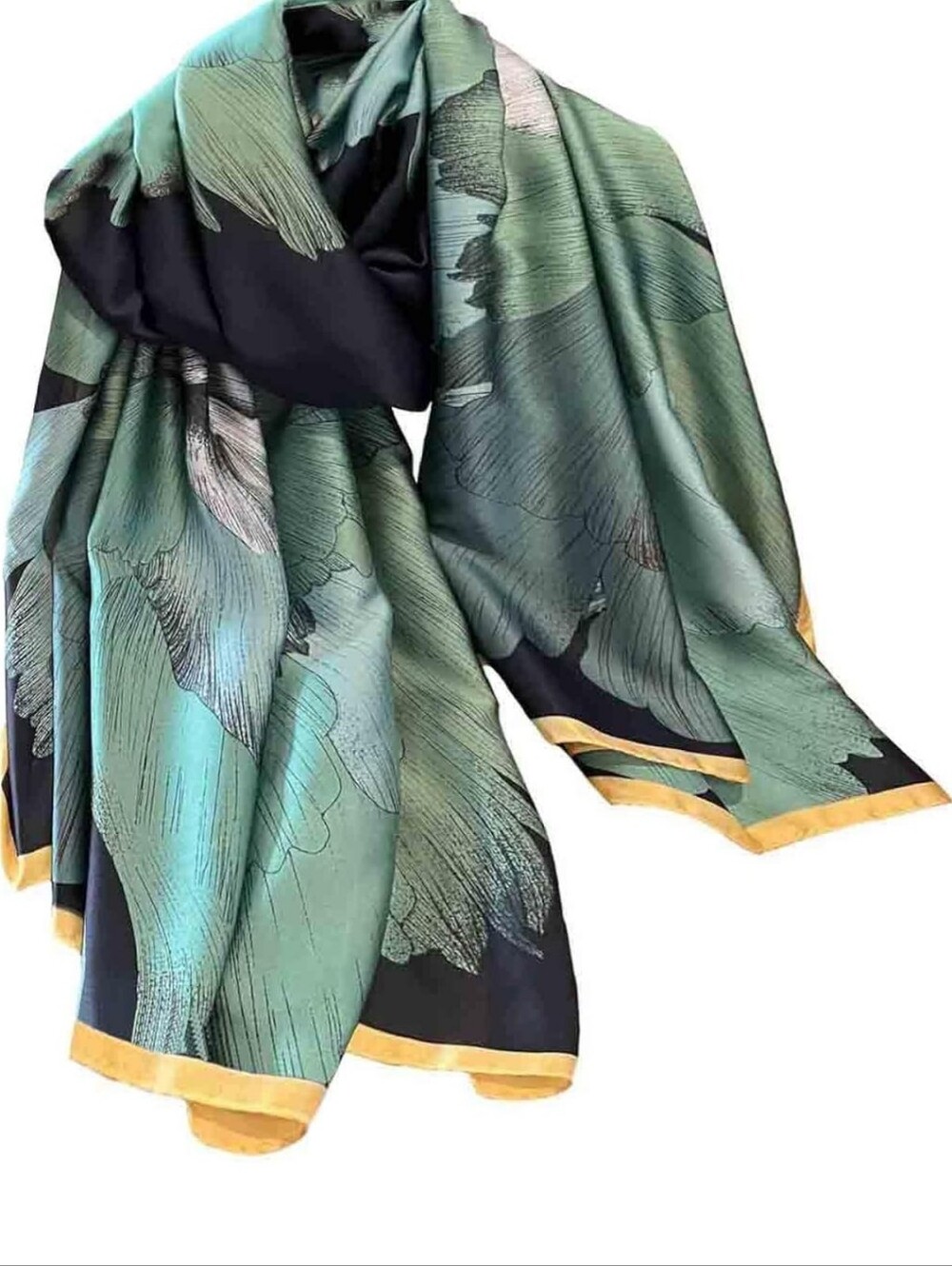 Elegant Green Leaf Print Scarf with Gold Trim